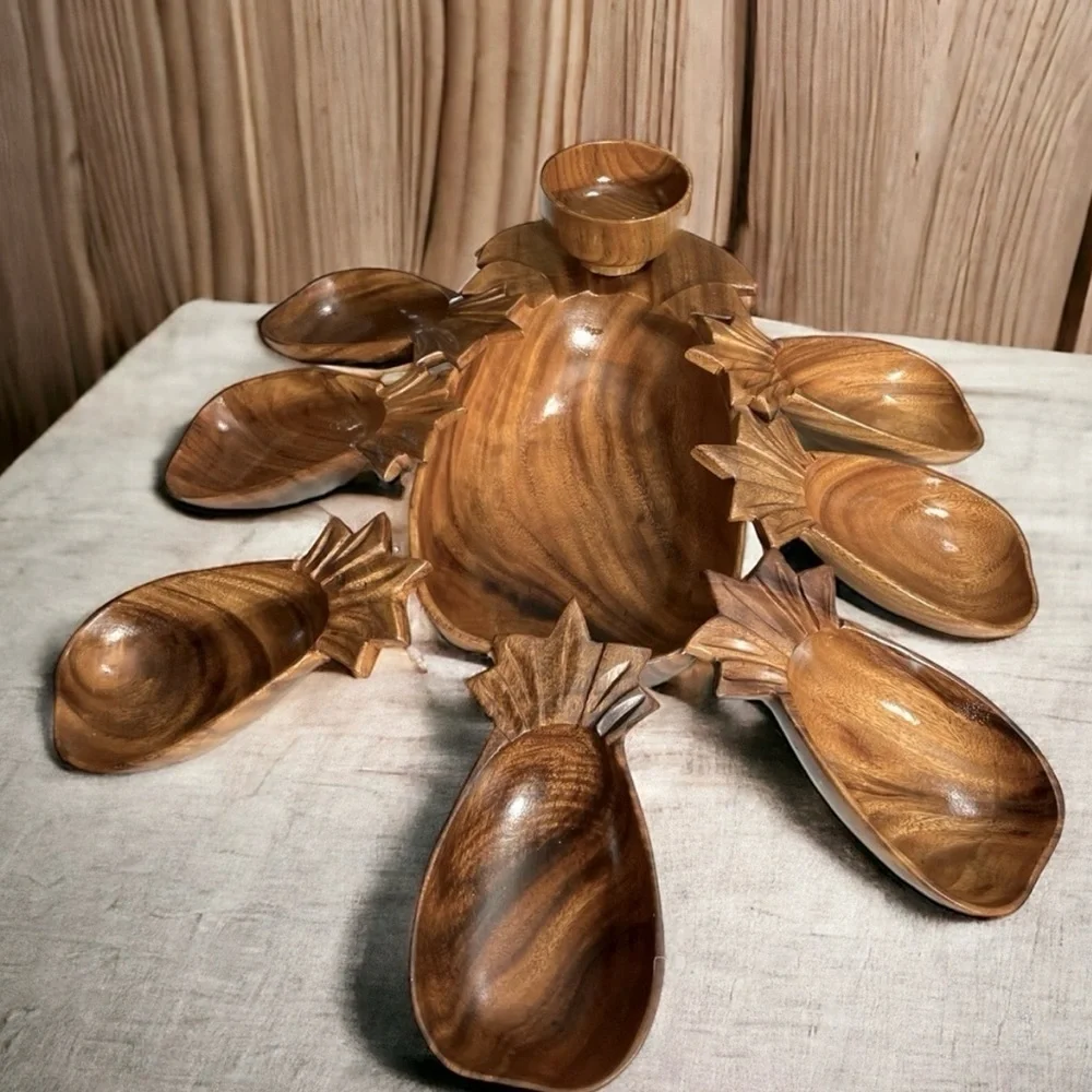 Vintage 1960s Monkey Pod Wood Pineapple Salad Bowl Set 9 Pc Philippines